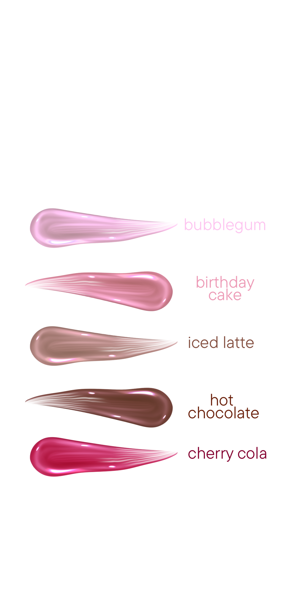 TMLL Beauty Co Pout Plump lip oil color swatches in five shades on white background — bubblegum, birthday cake, iced latte, hot chocolate, and cherry cola