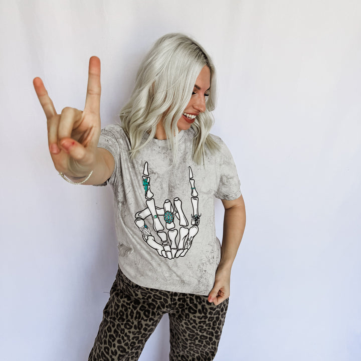 JAN ARRAY: Turquoise Skeleton Peace Sign Graphic Tee by Festivitees (Ships in 2-3 Weeks)