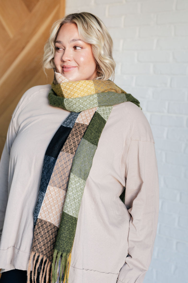 Keep Me Cozy Checkered Fringe Scarf in Woodland Shades - 12/15