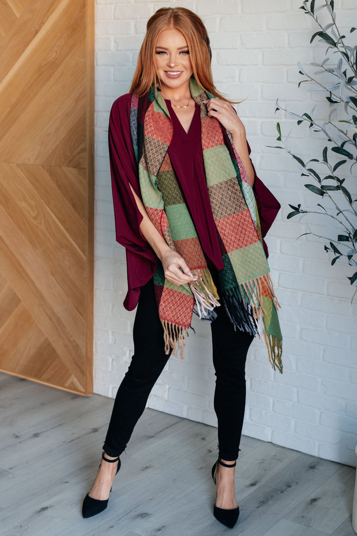 Keep Me Cozy Checkered Fringe Scarf in Berry - 12/15