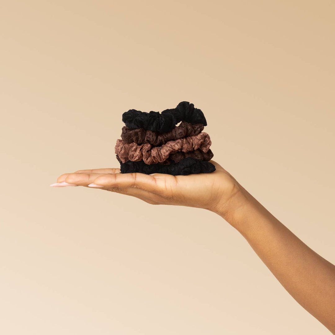 Ruched Lace Scrunchies 5pc Set - Black, Chocolate & Mocha