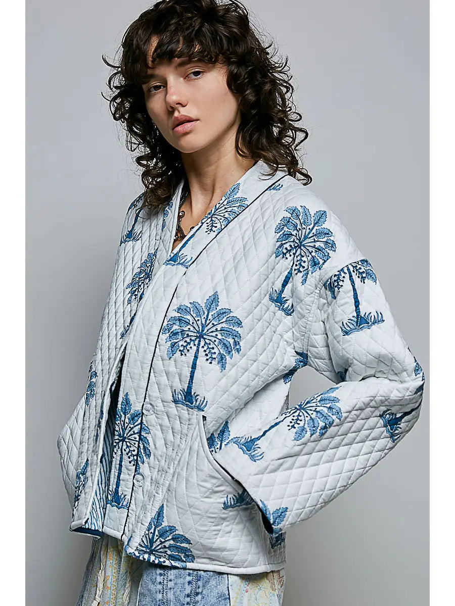 Palm Print Diamond Quilted Kimono Jacket - Ivory by POL