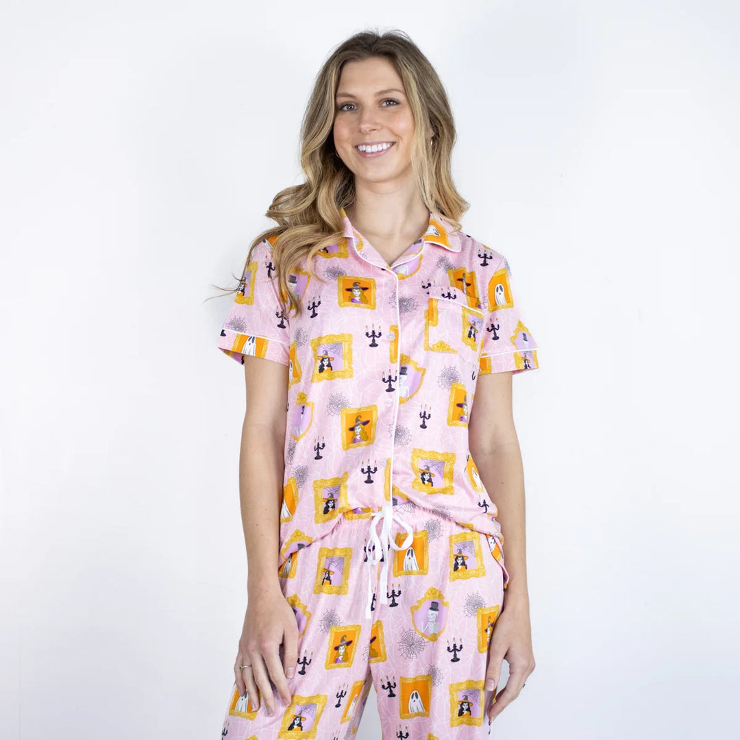 Gilded Ghouls Short Sleeve Button Up Sleep Shirt