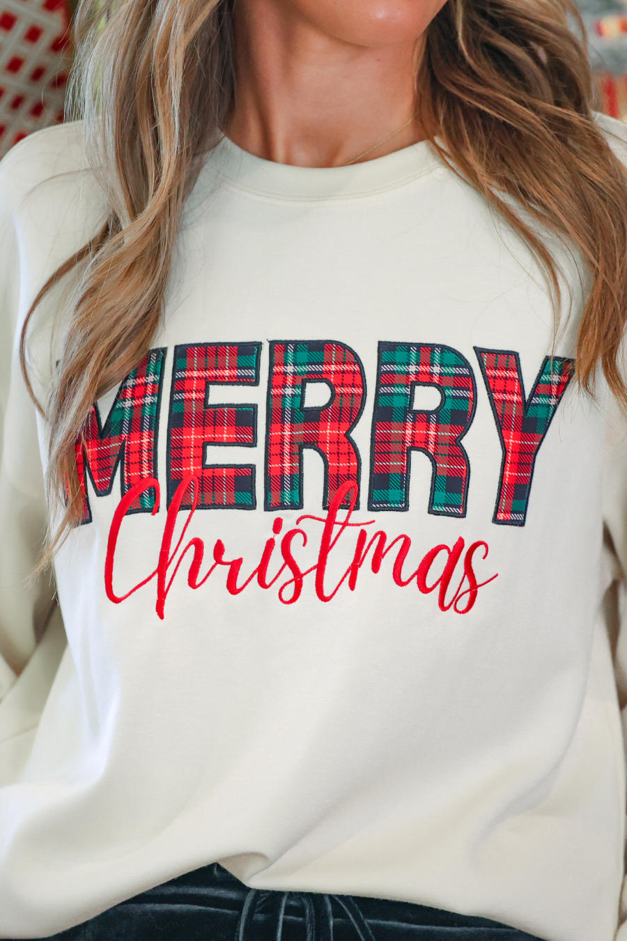 Merry Christmas Plaid Patch Pullover by Jess Lea (PREORDER: Ships in October)
