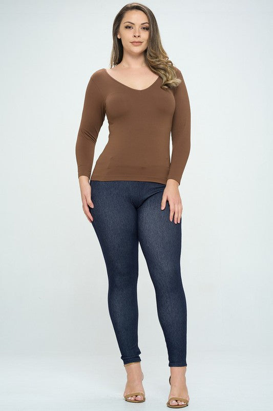 Seamless Reversible V-Neck Long Sleeve Top - Coffee by Yelete