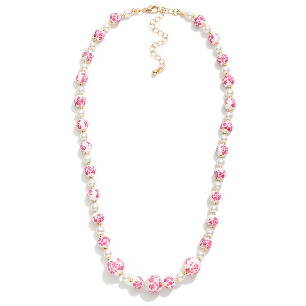 Beaded Necklace Featuring Porcelain Chinoiserie Flower Beads, Pearls, And Gold Tone Beads