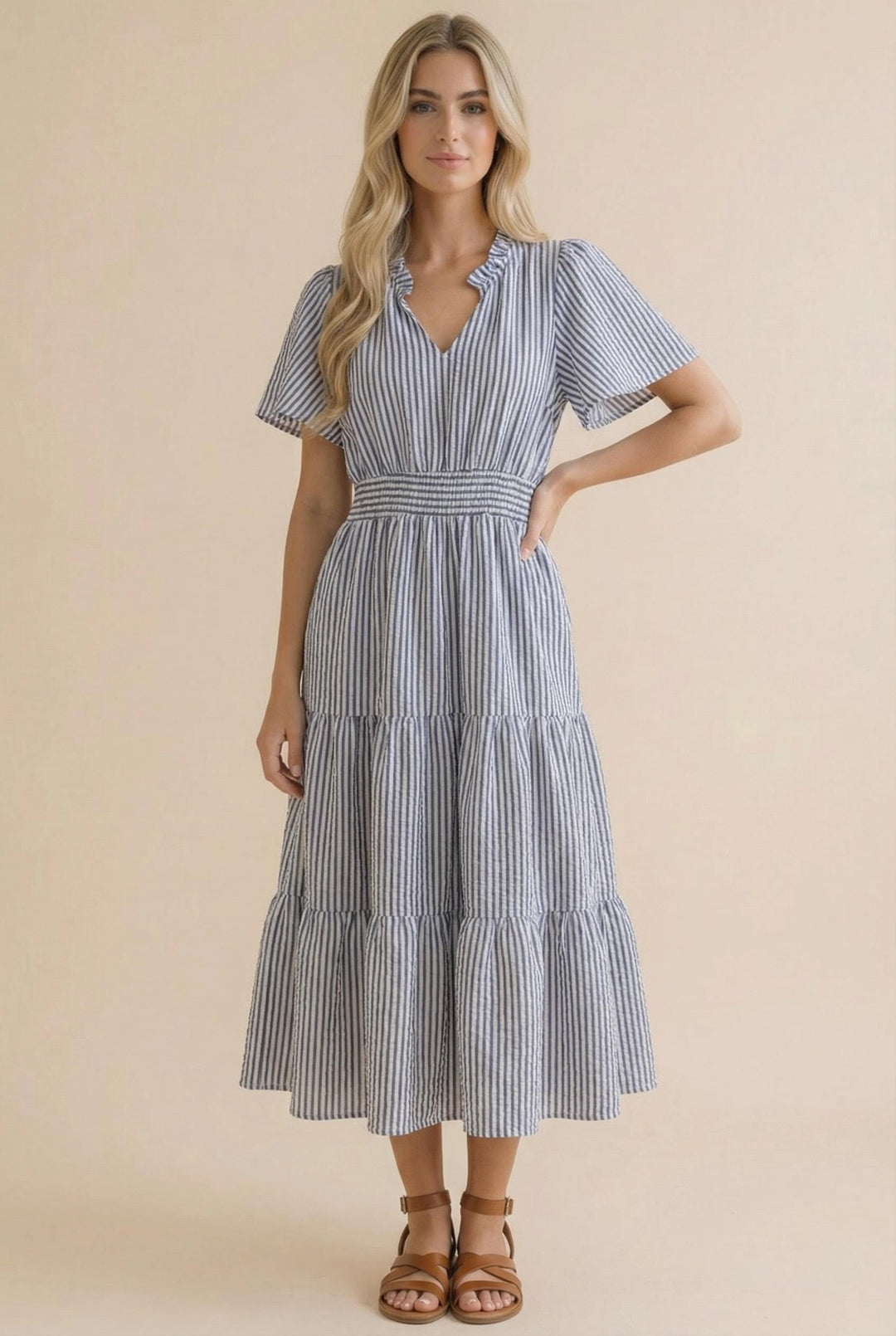 Ivory & Navy Vertical Striped Tiered Maxi Dress