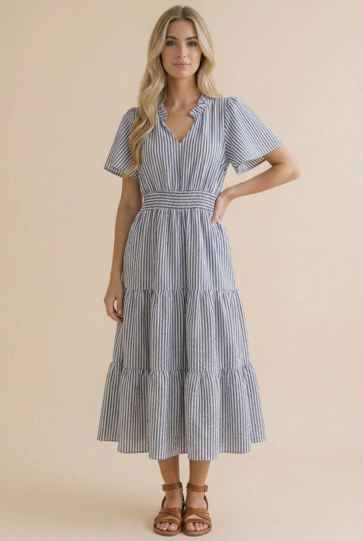 Ivory & Navy Vertical Striped Tiered Maxi Dress