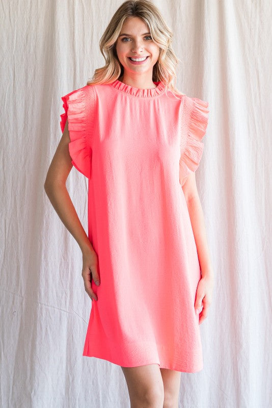Gia Ruffle Cap Sleeve Dress - Neon Pink