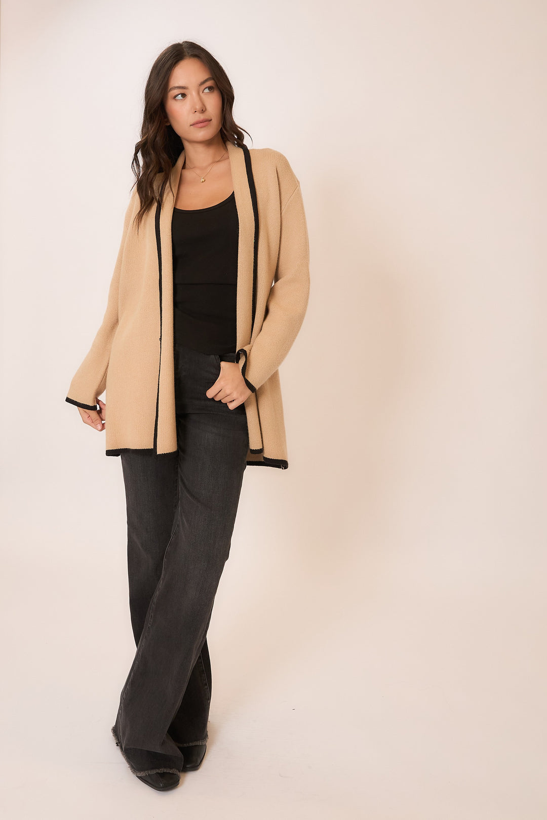 Contrast Hem Stripe Heavy Knit Cardigan - Taupe/Black by Cozy Co
