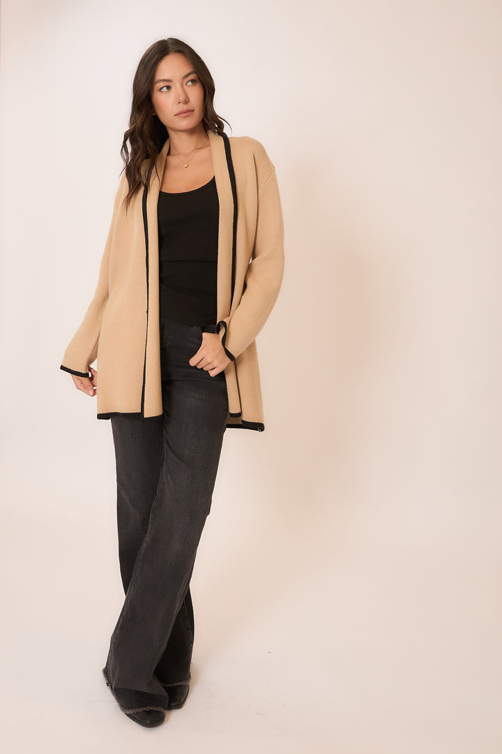 Contrast Hem Stripe Heavy Knit Cardigan - Taupe/Black by Cozy Co