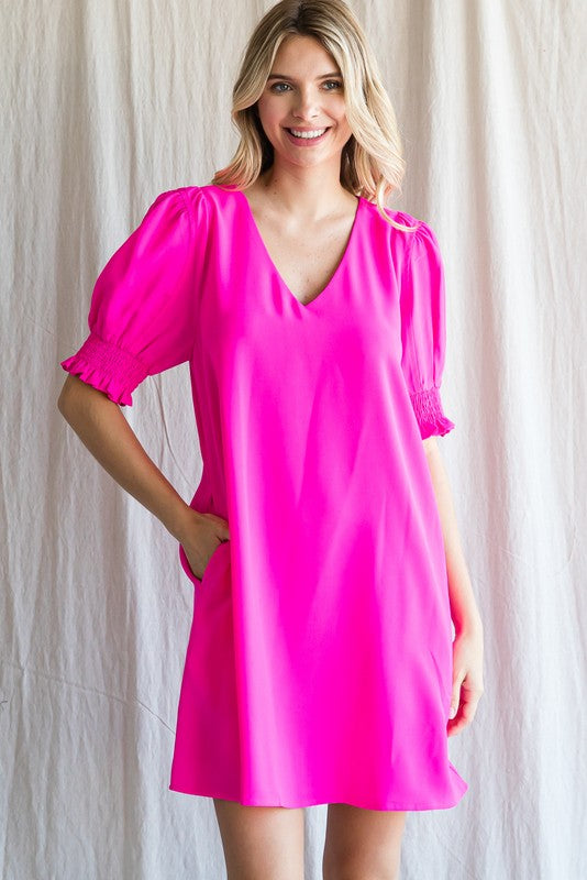 Kendall Smocked Cuff Sleeve Dress - Hot Pink