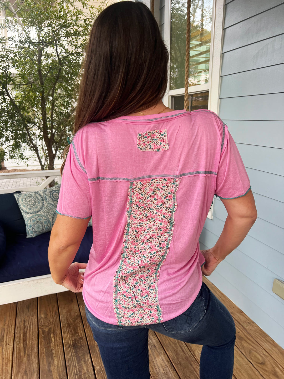 Double Patch Pocket V-Neck Tee by POL - Candy Pink