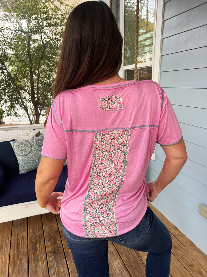 Double Patch Pocket V-Neck Tee by POL - Candy Pink