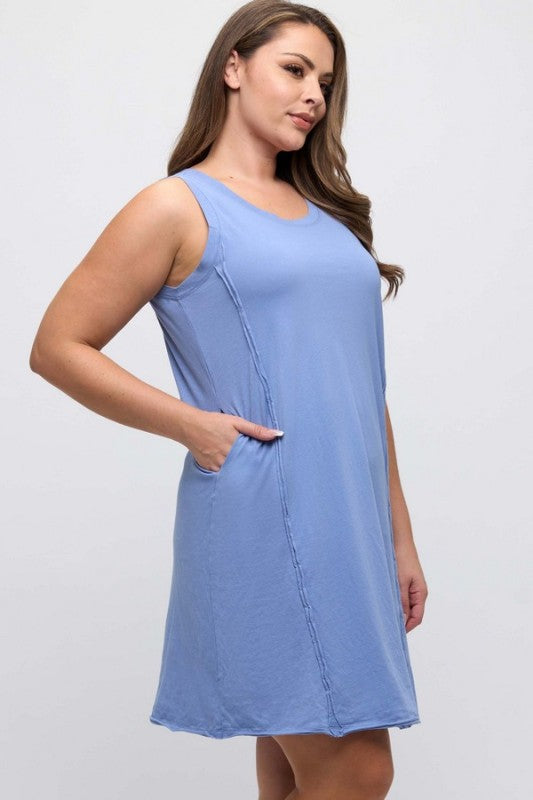 Raw Edge Cotton Tank Dress - Denim Blue by Yelete
