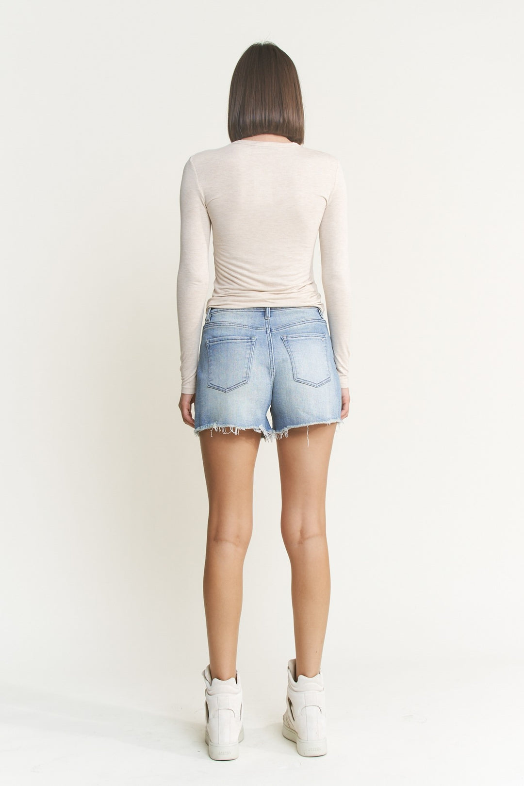 High Rise Frayed Hem Light Wash Denim Shorts By Mica Denim