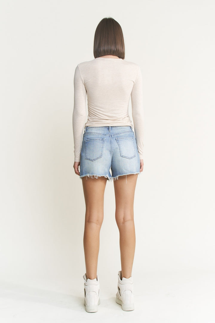 High Rise Frayed Hem Light Wash Denim Shorts By Mica Denim