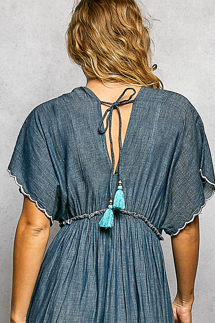 Embroidered Neck Loop Deep V-Neck Maxi Dress - Deep Denim by POL