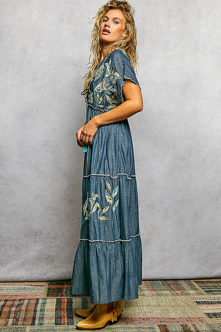 Embroidered Neck Loop Deep V-Neck Maxi Dress - Deep Denim by POL