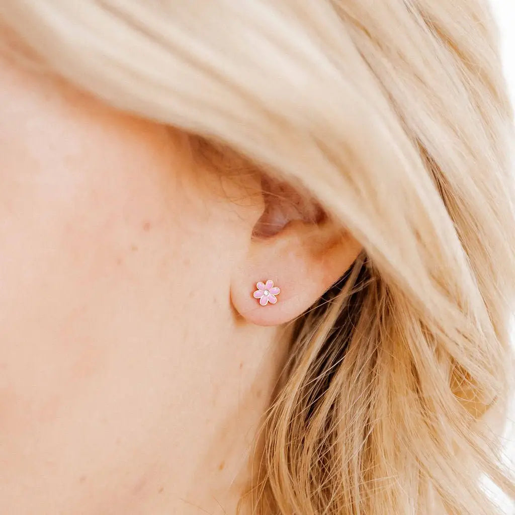 Screwback Stud Earrings - Alli Pink Flower By Linny Co