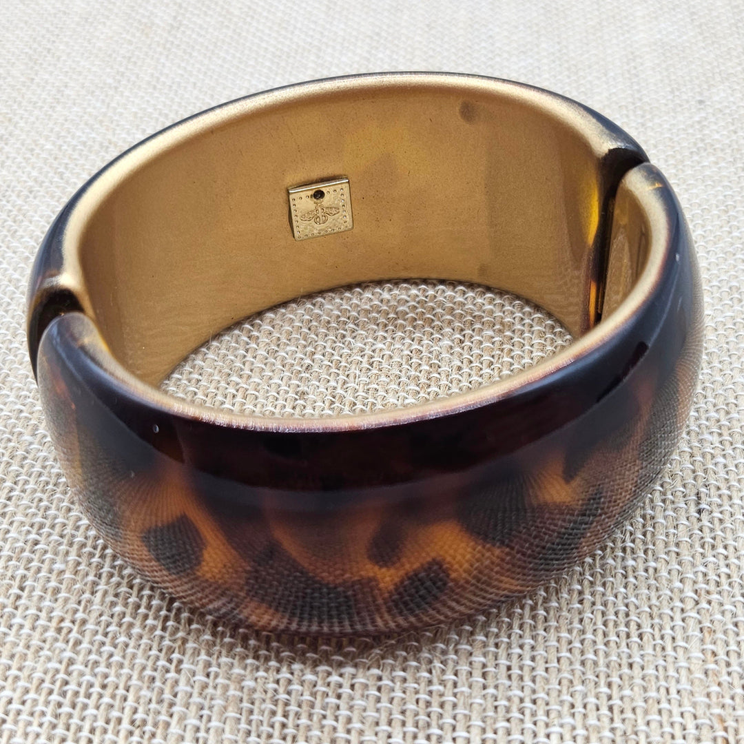 Tortoise Spotted with Gold Lining – Vintage Lucite Clamper Bracelet by Lettie Lovendale (Ships in 2-3 Weeks)