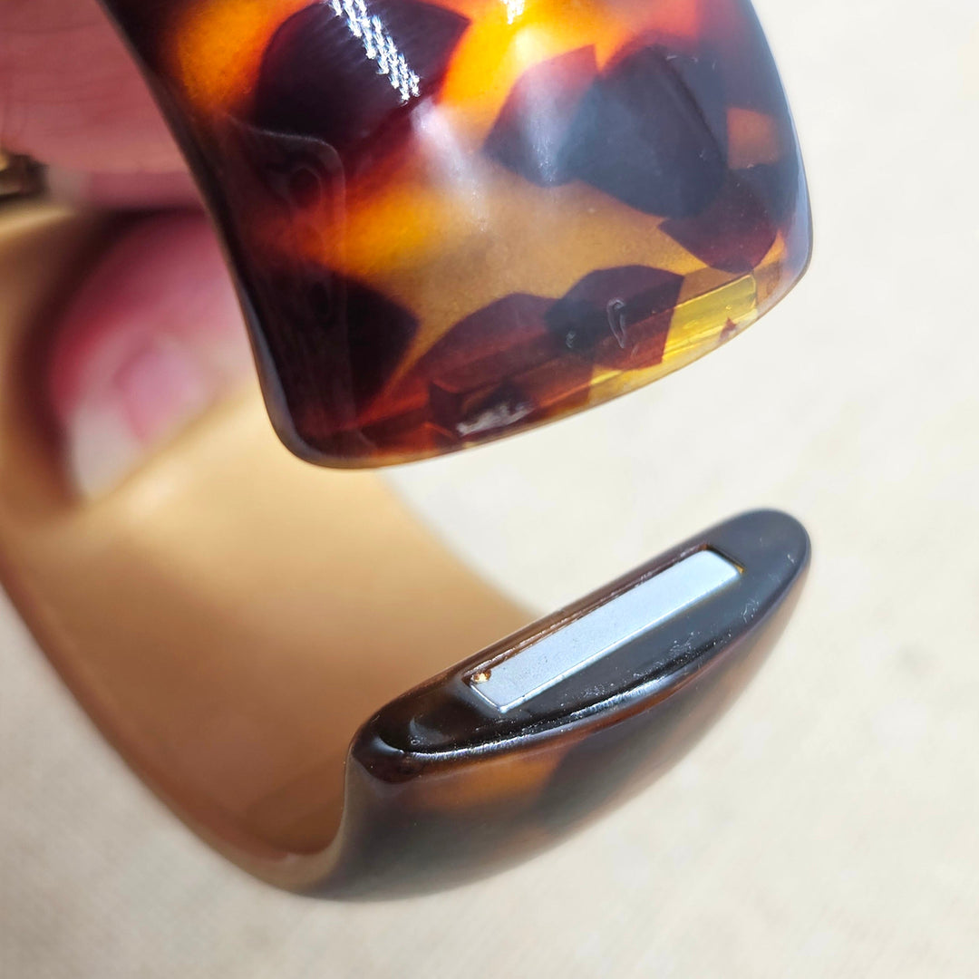 Tortoise Spotted with Gold Lining – Vintage Lucite Clamper Bracelet by Lettie Lovendale (Ships in 2-3 Weeks)