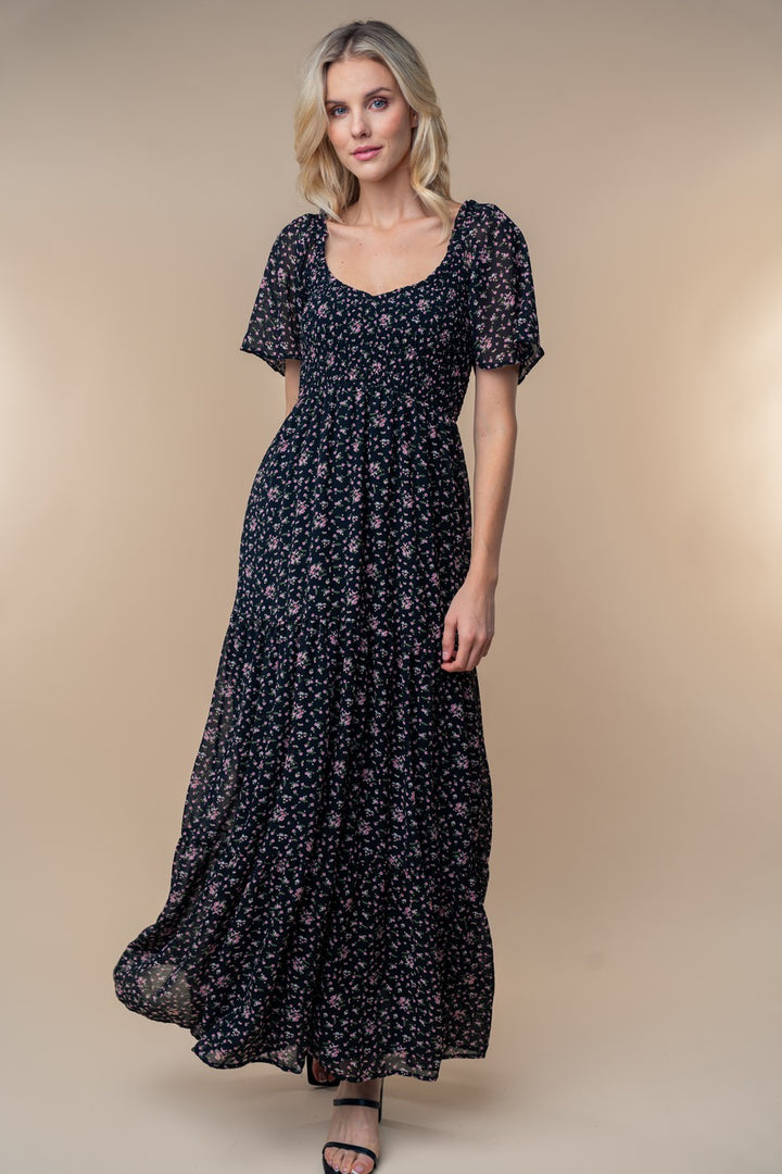 Short Sleeve Black Floral Woven Dress By White Birch
