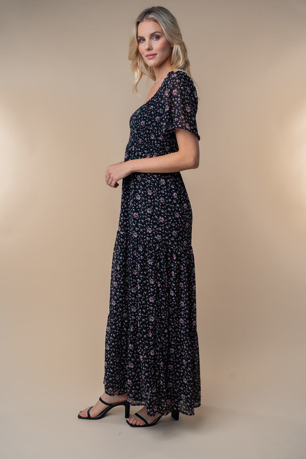 Short Sleeve Black Floral Woven Dress By White Birch