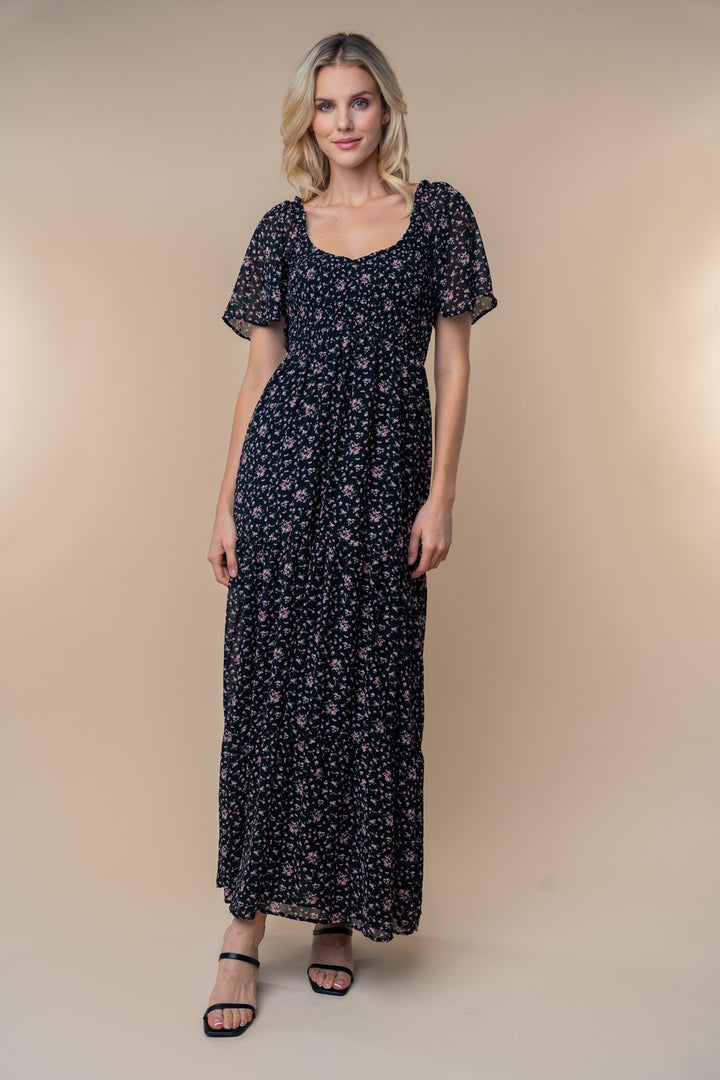 Short Sleeve Black Floral Woven Dress By White Birch
