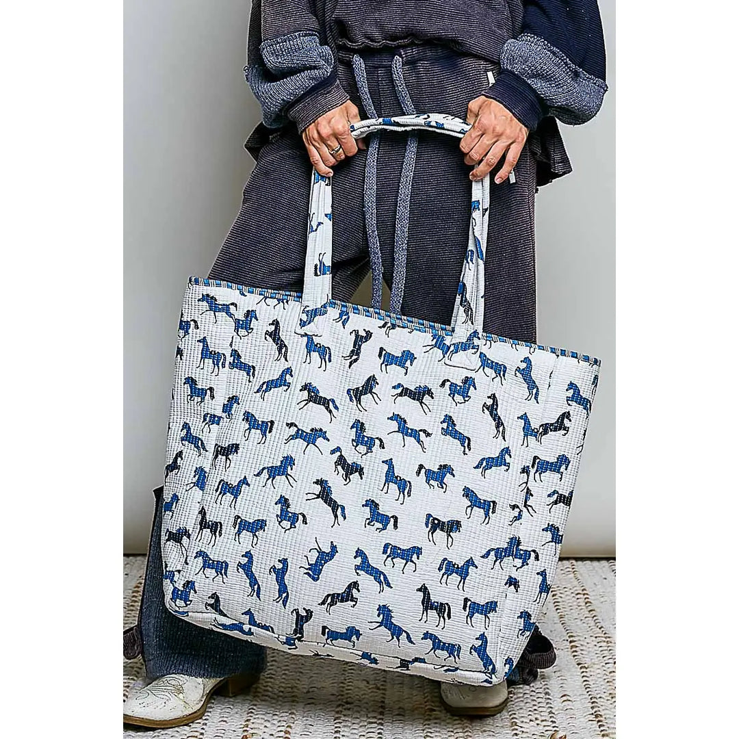 Quilted Woven Jumbo Tote Bag - Blue Horse by POL