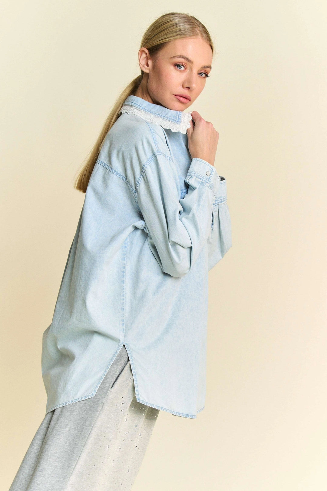 Lace Edge Chambray Button-Up Shirt by Davi & Dani