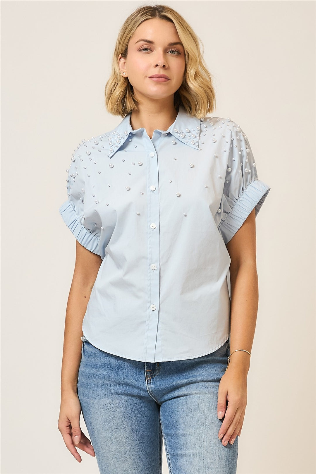 Pearl Studded Cap Sleeve Button Up Top - Light Blue by Cozy Co