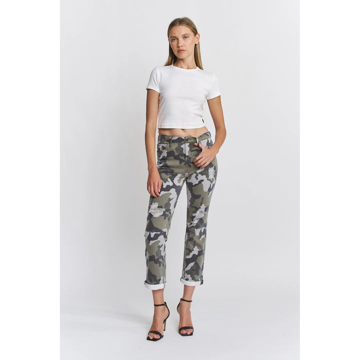 Camo Print High Rise Straight Crop Pants By Mica Denim