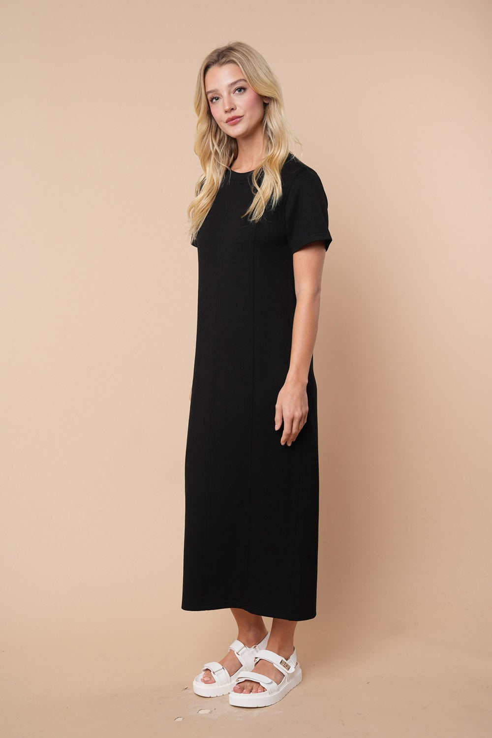 Short Sleeve Simple Solid Black Dress by White Birch
