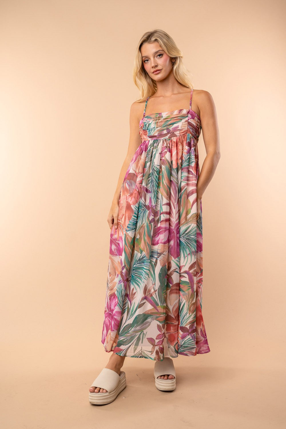 Sleeveless Tropical Multi Floral Maxi Dress