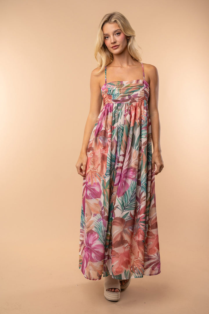 Sleeveless Tropical Multi Floral Maxi Dress