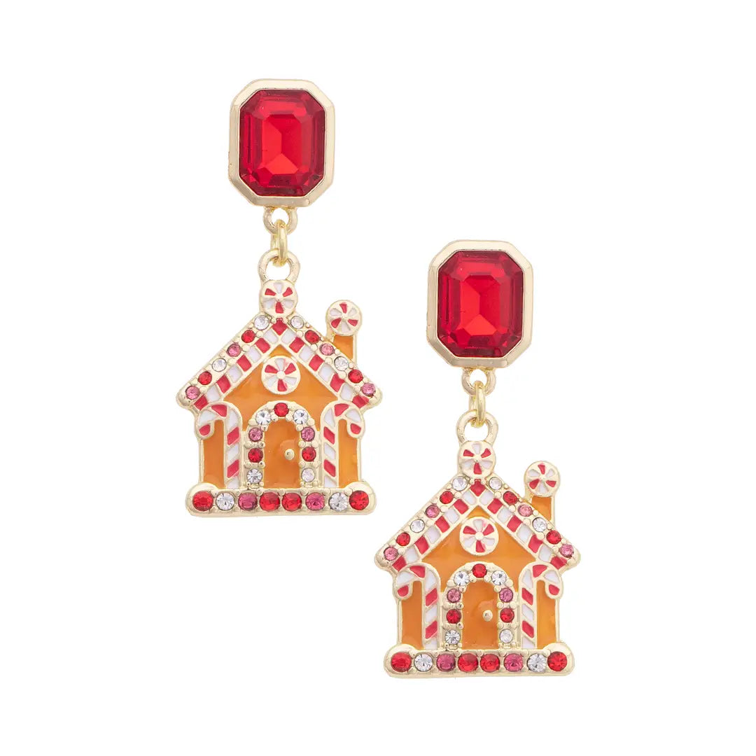 Rhinestone Gingerbread House Earrings in Red By Canvas (Ships in 2-3 Weeks)
