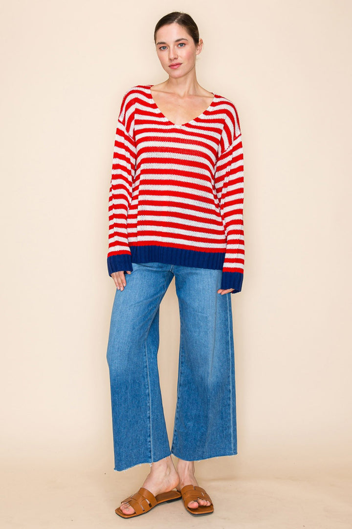 Red Long Sleeve Striped Knit Top by White Birch
