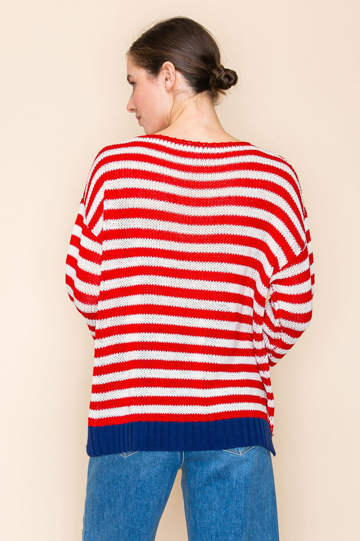 Red Long Sleeve Striped Knit Top by White Birch