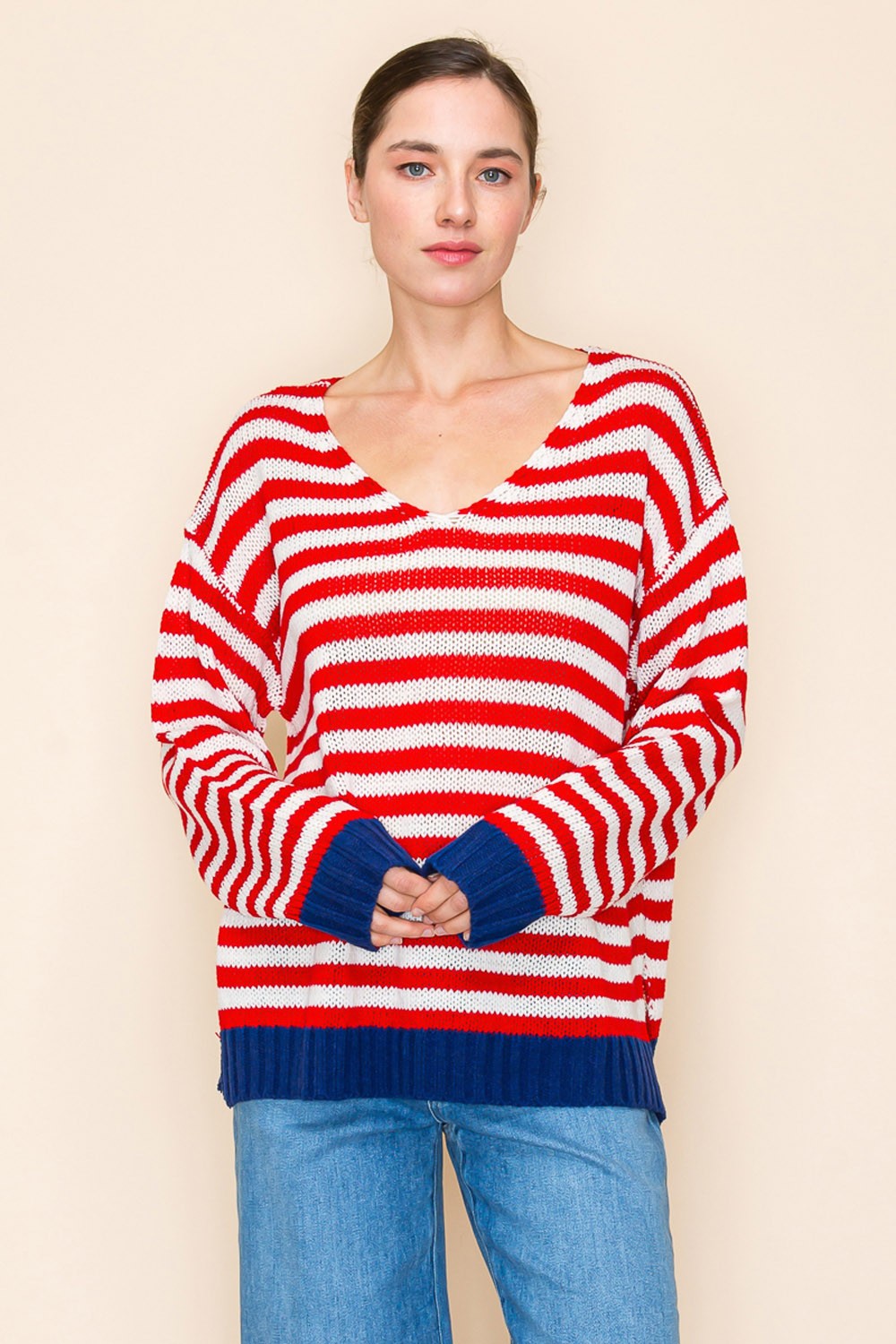 Red Long Sleeve Striped Knit Top by White Birch