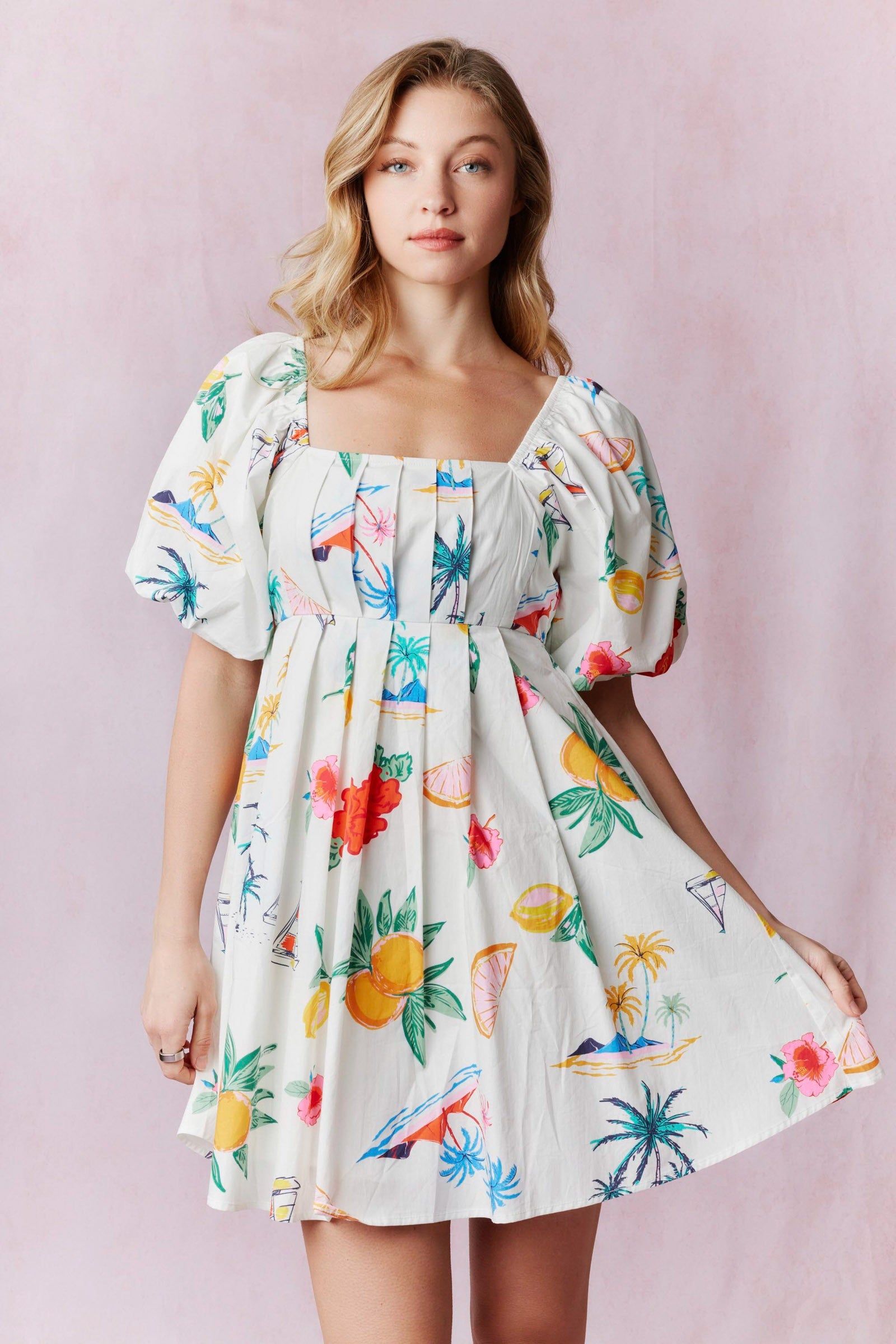 Tropical Bubble Sleeve Pleated Mini Dress by Peach Love California