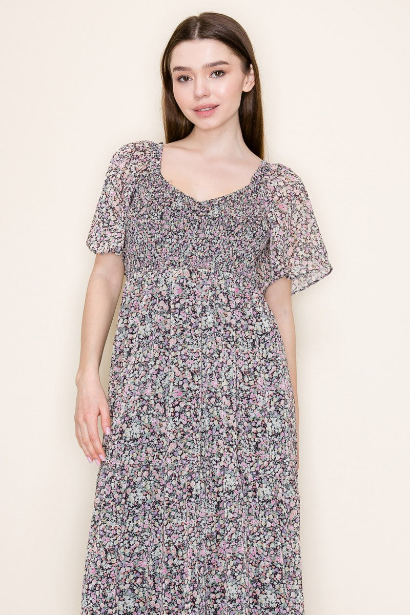 Short Sleeve Light Black Multi Floral Smock Dress By White Birch