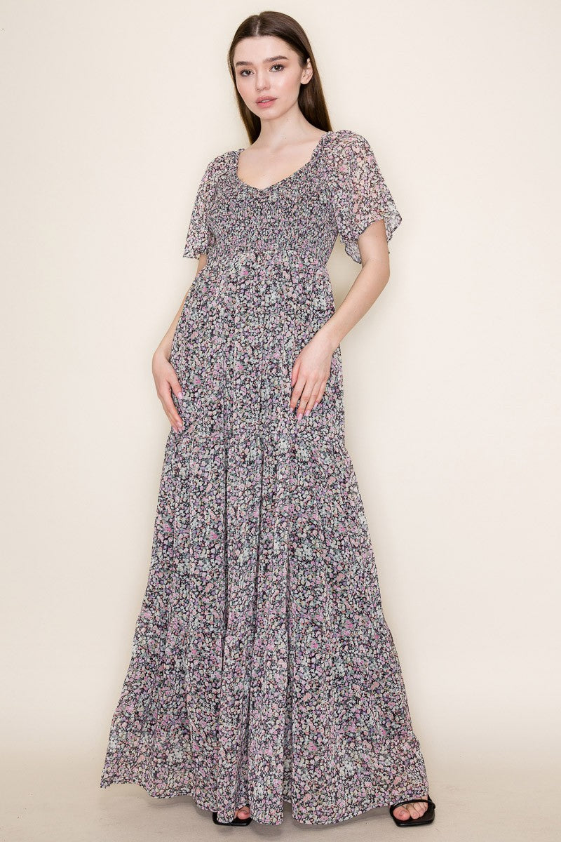 Short Sleeve Light Black Multi Floral Smock Dress By White Birch