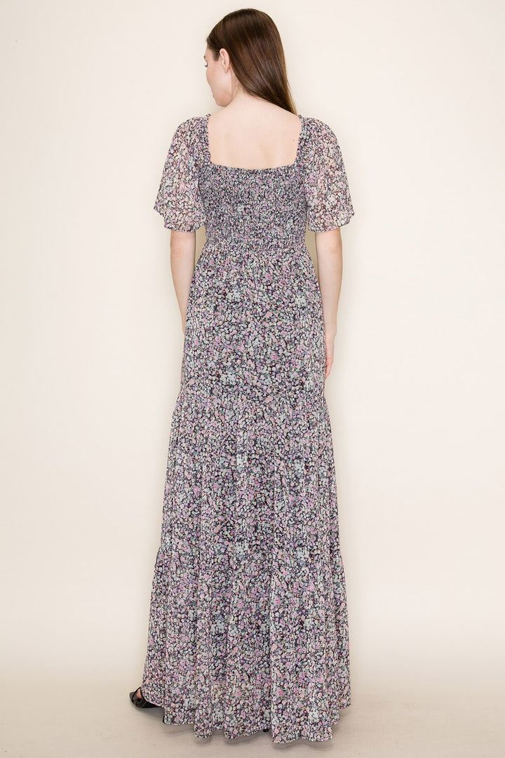 Short Sleeve Light Black Multi Floral Smock Dress By White Birch