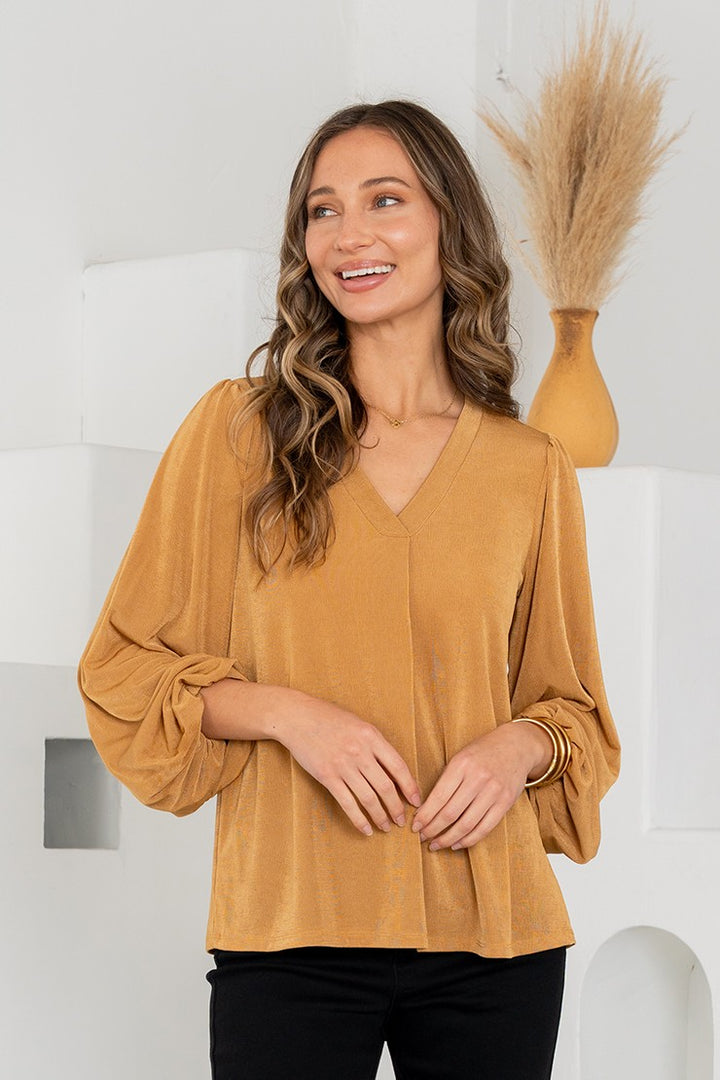 V-Neck Balloon Sleeve Blouse - Camel by Sew In Love