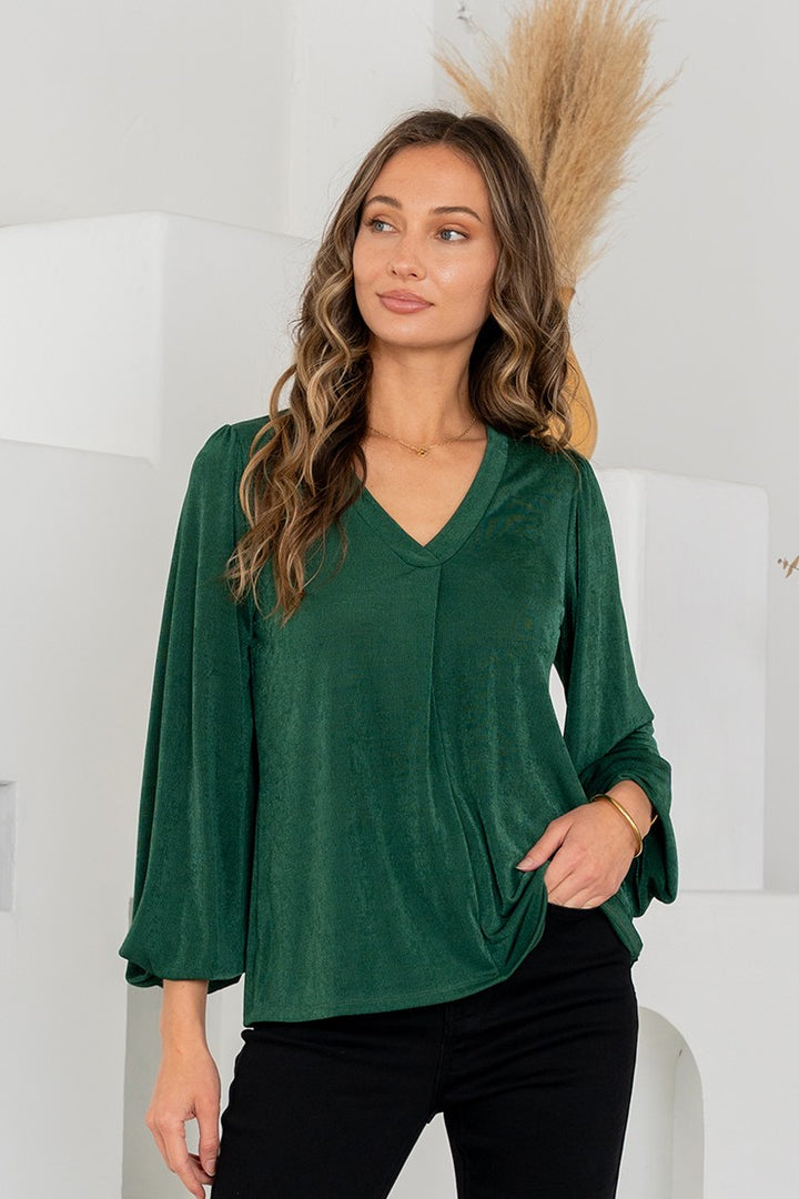 V-Neck Balloon Sleeve Blouse - Green by Sew In Love