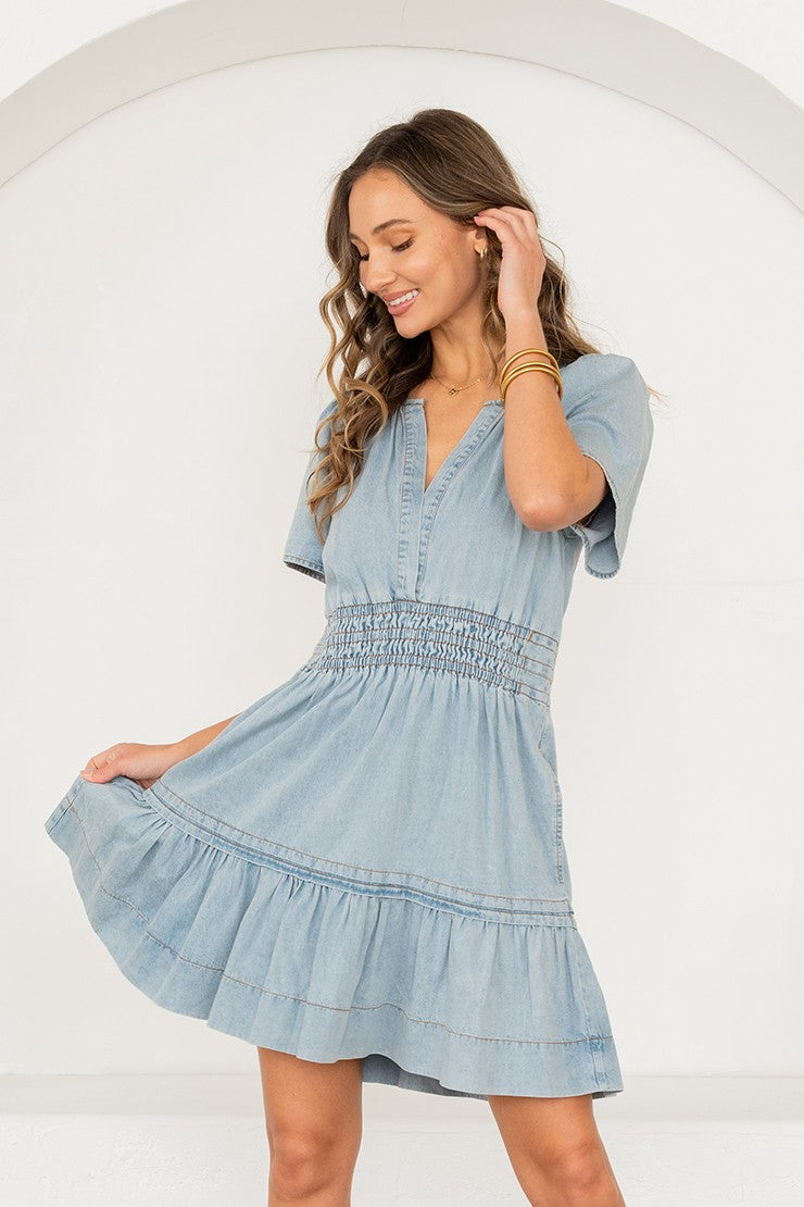 Denim Smocked Mini Dress by Sew In Love