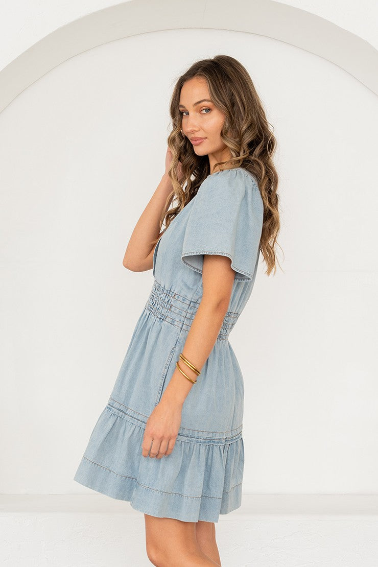 Denim Smocked Mini Dress by Sew In Love
