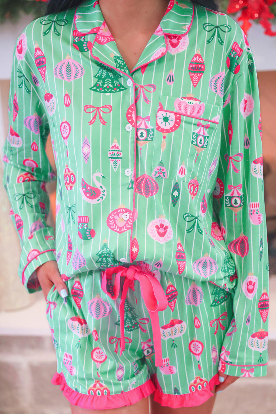 Decked in Ornaments Ruffle Pajama Set by Jess Lea (PREORDER: Ships in October)