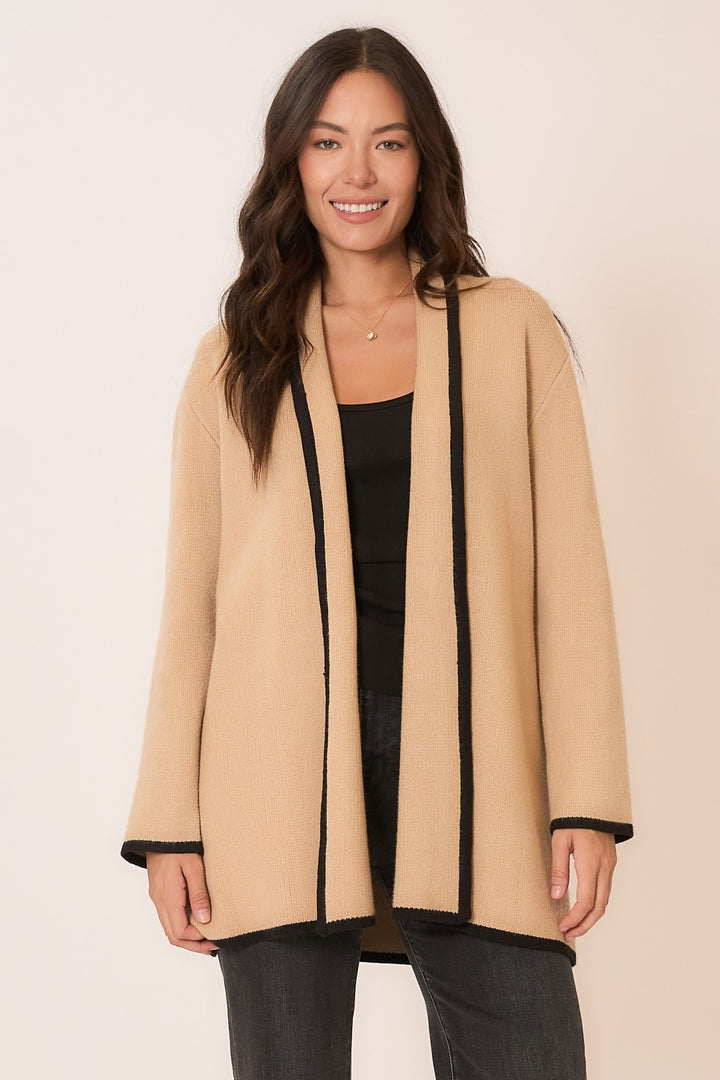 Contrast Hem Stripe Heavy Knit Cardigan - Taupe/Black by Cozy Co